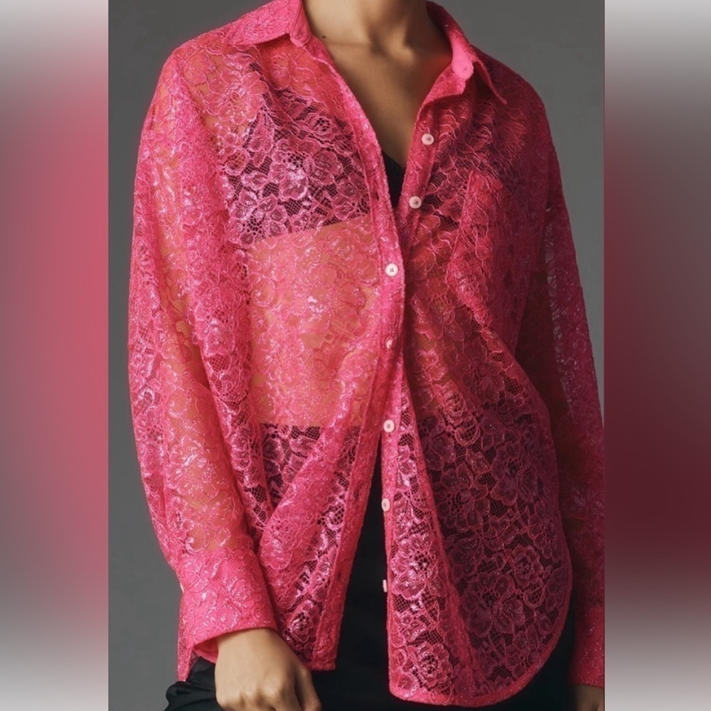 Anthropology NWT metallic lace hot pink button down, small